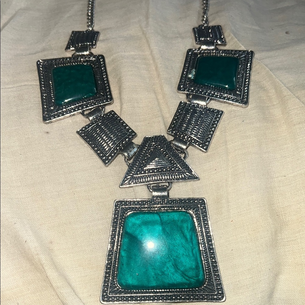 Silver and Green Geometric Necklace